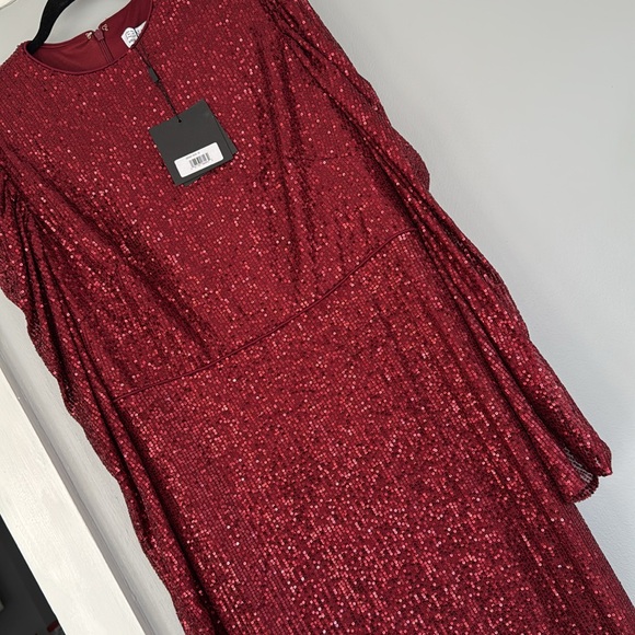 IEENA FOR MAC DUGGAL red wine 16 Sequined High Neck Puff Long Sleeve Column Gown - Picture 7 of 9